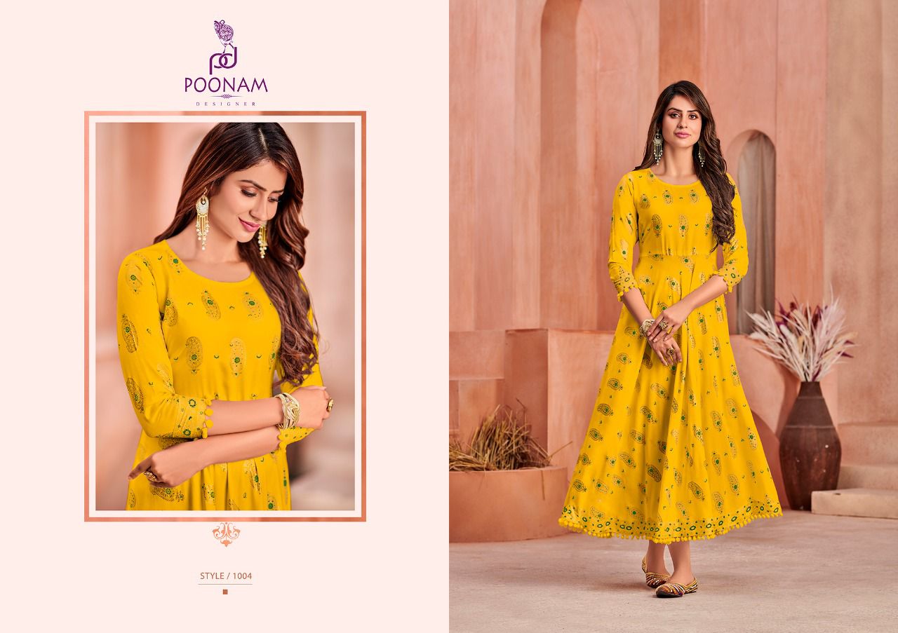 Poonam Minakari Gown Rayon Printed Ethnic Wear Anarkali Long Kurti Collection