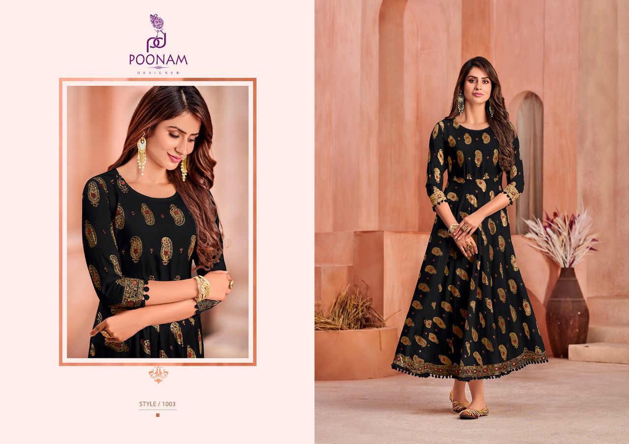 Poonam Minakari Gown Rayon Printed Ethnic Wear Anarkali Long Kurti Collection