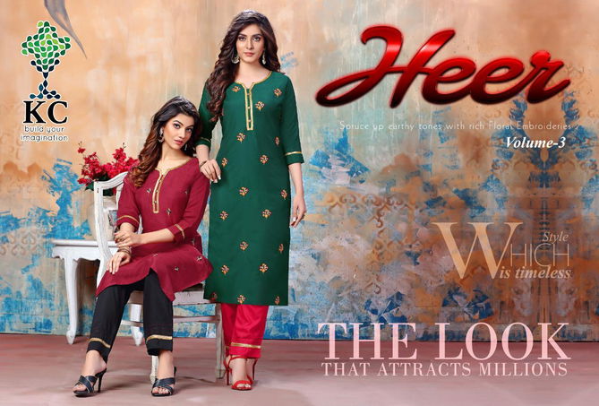 Kc Heer 3 Latest Designer Embroidered Casual Wear Rayon Kurti With Bottom Collection