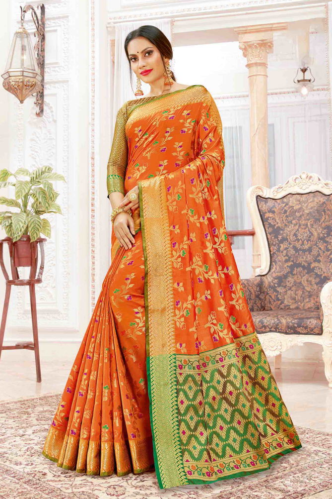 Sangam Purva Orange Colour Banarasi Festive Wear Silk Saree Collection