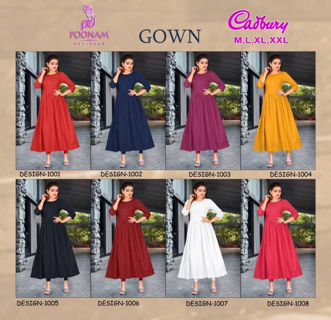 Poonam Gown Cadbury Rayon Lucknowi Ethnic Wear Fancy Anarklai Kurti Collection