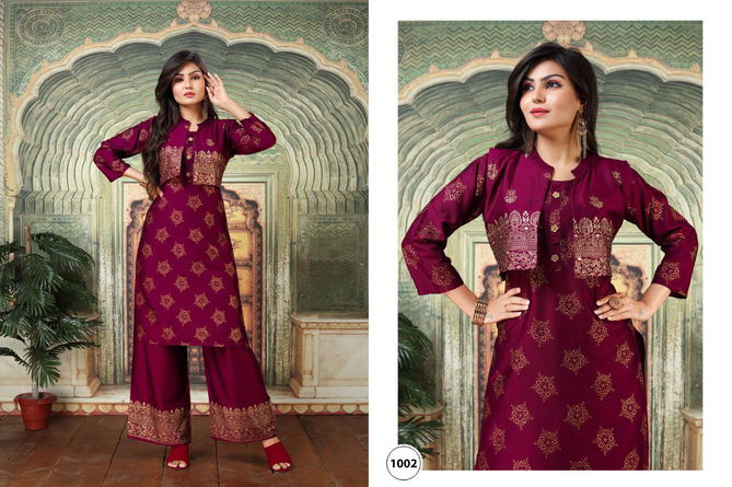 Ft Pashmina  Latest Fancy Designer Festive wear Rayon Foil Printed Kurti With Bottom Collection
