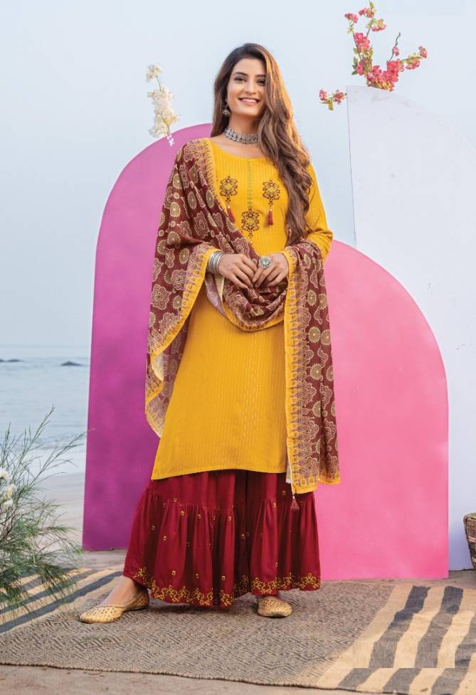 Wanna Shamiya Fancy Festive Wear Rayon Latest Kurti With Sharara And Dupatta Collection