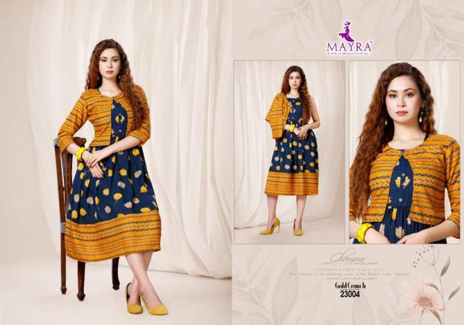 Mayra Gold Crunch Fancy Ethnic Wear Rayon Printed Anarkali Kurti Collection