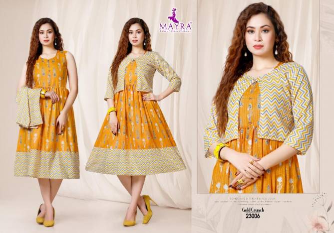 Mayra Gold Crunch Fancy Ethnic Wear Rayon Printed Anarkali Kurti Collection