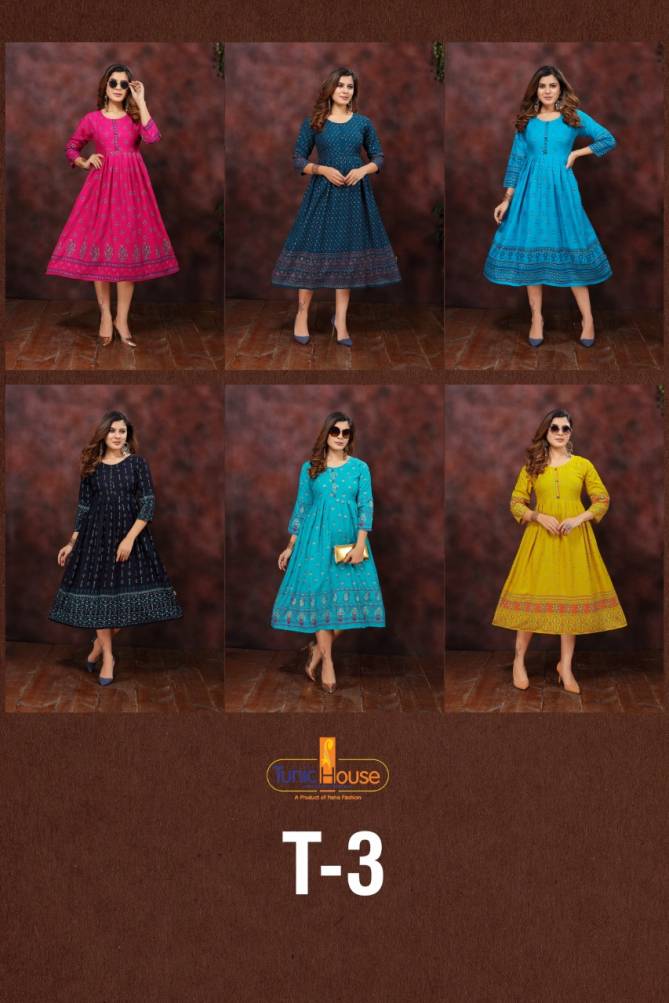 Tunic House T-3 Fancy Designer Ethnic Wear Rayon Printed Anarkali Kurti Collection