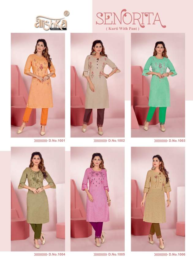 Alishka Senorita Latest Fancy Ethnic Wear Embroidery Kurti With Pant Collection