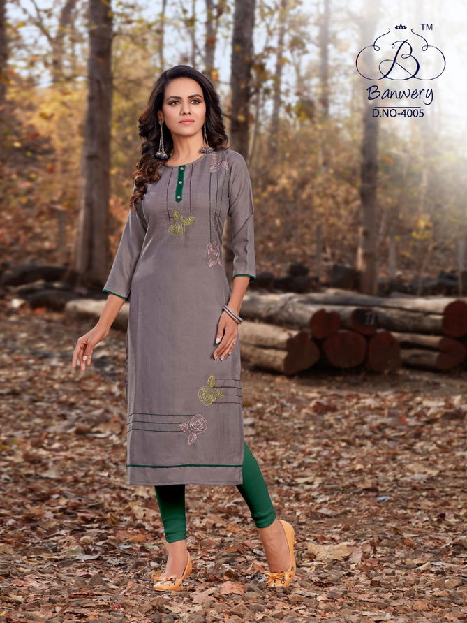 BLEND V-4 DESIGNER HEAVY PREMIUM COTTON WITH EMBROIDERY WORK THREE FOURTH SLEEVES KURTI COLLECTION