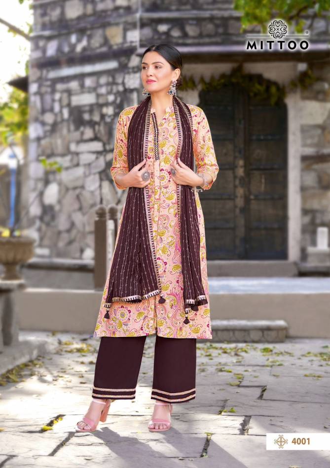 Kesha By Mittoo Rayon Print Embroidery Kurti With Bottom Dupatta Orders In India