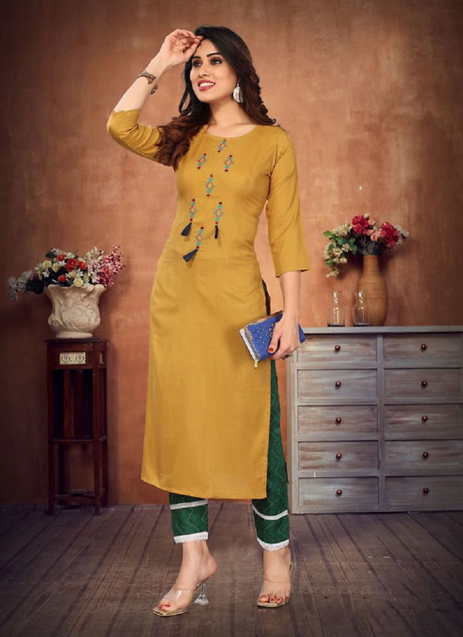 FVD Yellow color Tesla Rayon design Kurtis with Pant Collections