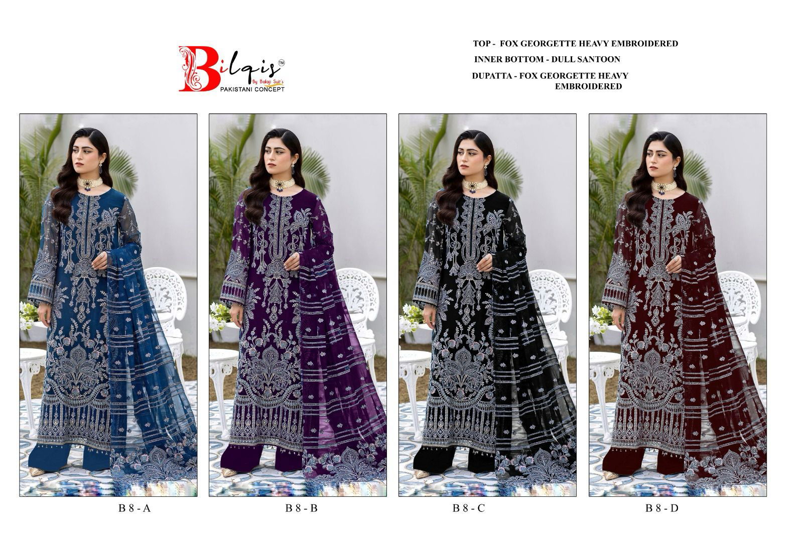 Bilqis B 08 A To D Embroidery Georgette Pakistani Suits Wholesalers In Delhi
