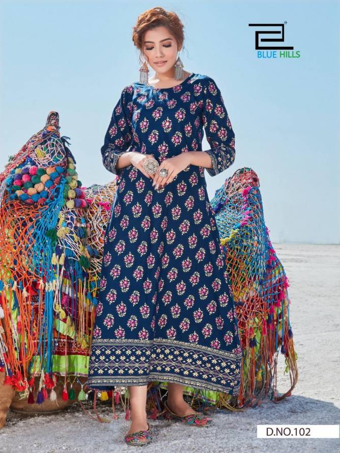 BLUE HILLS DESSERT VOL-01 Latest Fancy Designer Heavy Casual Wear Rayon Mirror Work And Printed Kurtis Collection