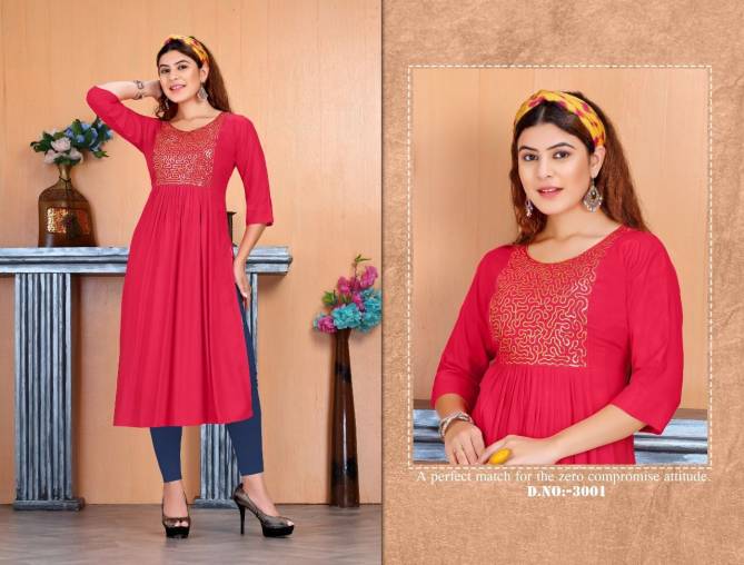 Beauty Queen Savory Fancy Party Wear Rayon Embroidery Kurti Collection