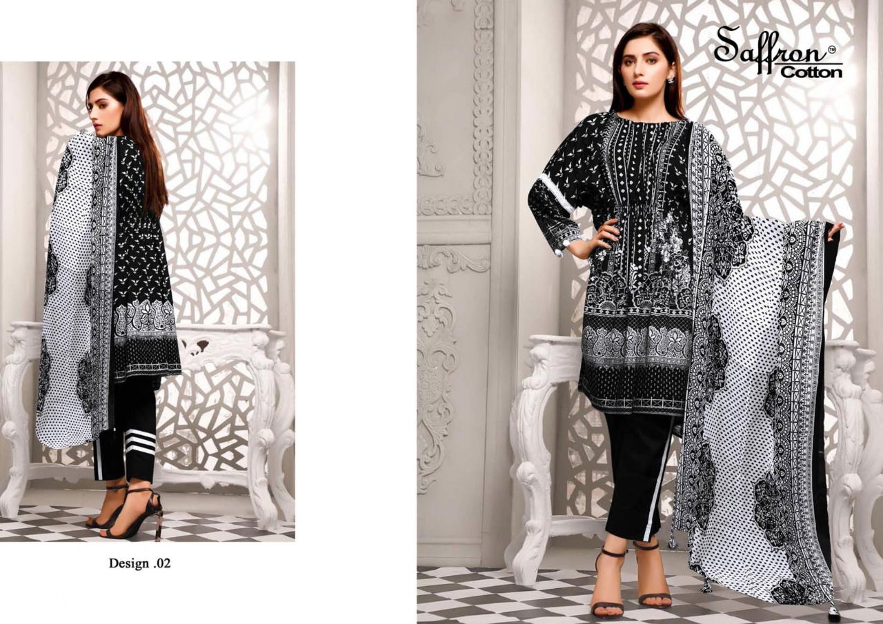 Saffron Latest Fancy Designer Casual Wear Black And White Printed Cotton Dress Material Collection
