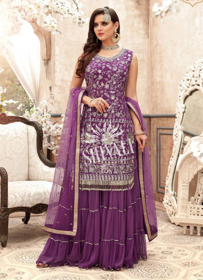 Aisha vol 2 Purple Georgette Wedding Wear Embroidery Work Readymade Sharara Suit
