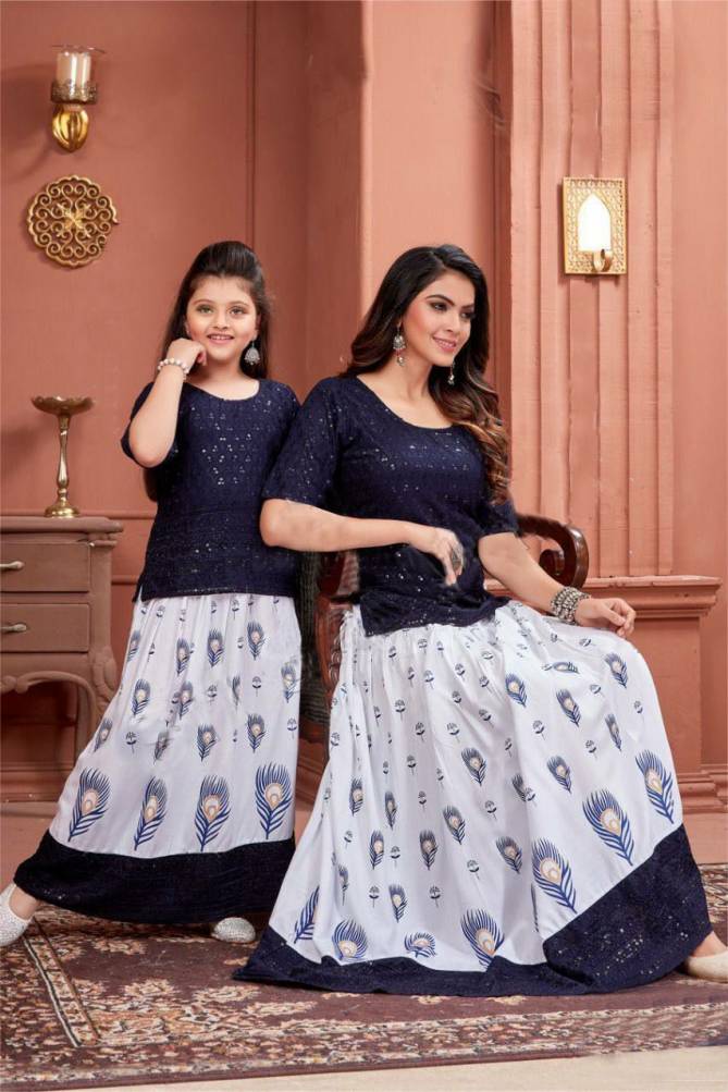 Lovely 01 Mother Daughter Combo Fancy Wear Printed Rayon Kurti With Skirt Collection