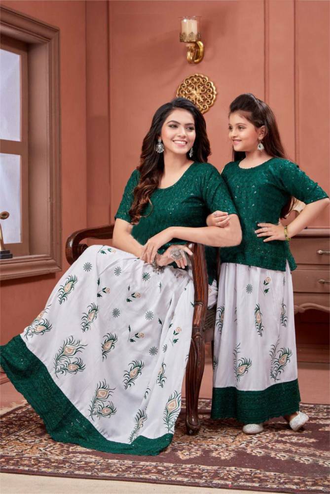 Lovely 01 Mother Daughter Combo Fancy Wear Printed Rayon Kurti With Skirt Collection