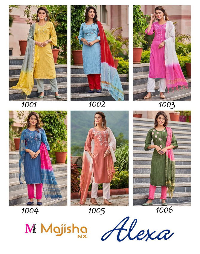 Majisha Nx Alexa Heavy Rayon Fancy Wear Designer Kurti Pant With Dupatta Collection