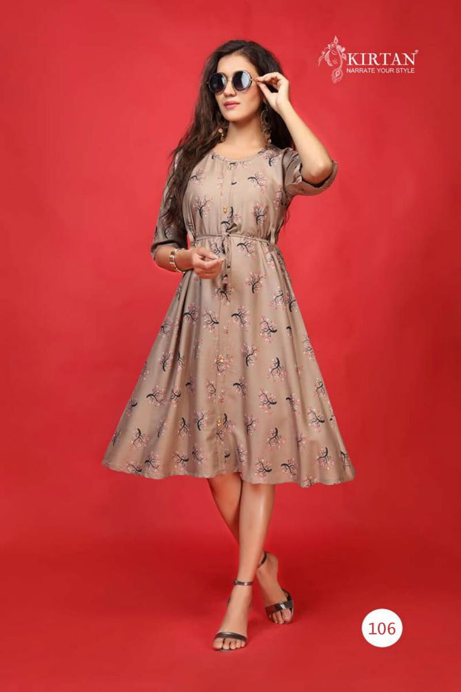 Kirtan Kanika Fancy Designer Casual Wear Rayon Printed Anarkali Kurtis Collection
