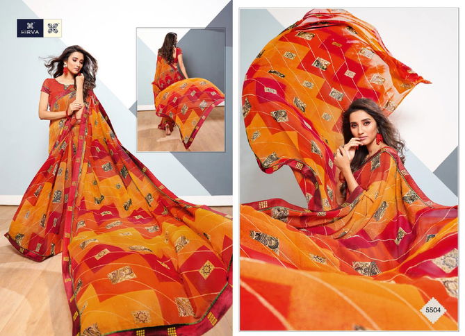 Hirva Sakhiya Latest Regular Wear Chiffon Printed With Full Lace Saree Collection Available Full Set At Wholesale Price 