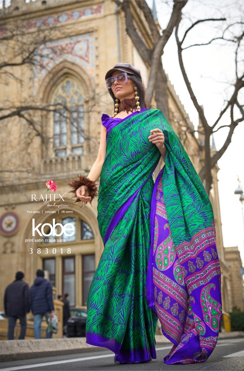 Kobe 383001 To 383018 By Rajtex Pinted Satin Crepe Sarees Surat Wholesale Market