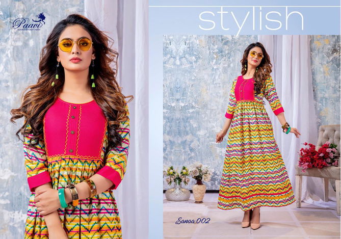 Paavi Sanaa Exclusive Stylish Designer Rayon Casual Wear Long Kurtis Collection 