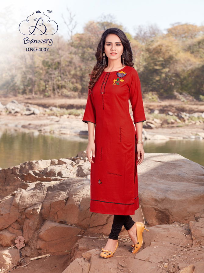 BLEND V-4 DESIGNER HEAVY PREMIUM COTTON WITH EMBROIDERY WORK THREE FOURTH SLEEVES KURTI COLLECTION