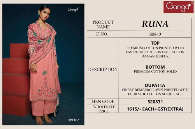 Runa S0840 By Ganga Printed Designer Salwar Suits Catalog