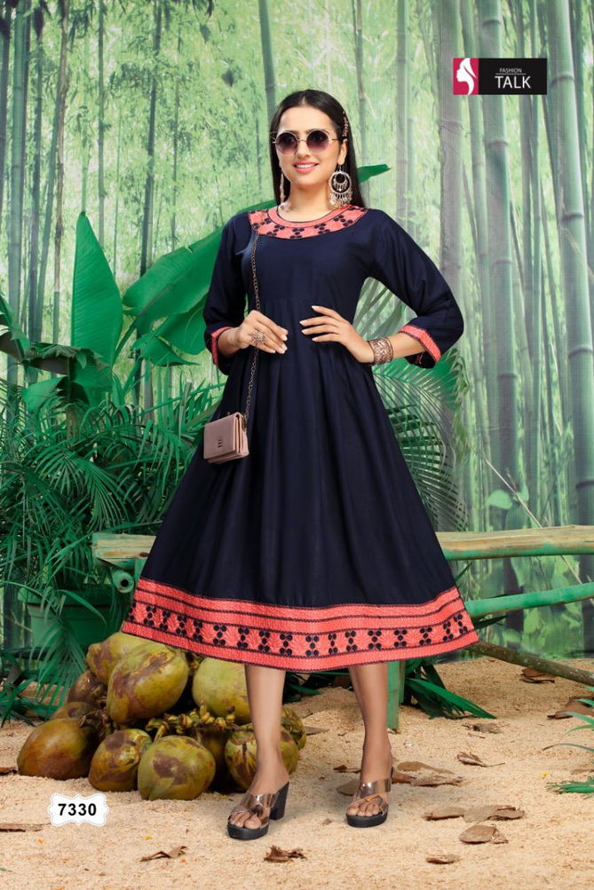 Ft Kajol Flair Embroidred Latest Fancy Designer Casual Wear Rayon Kurti Collection
