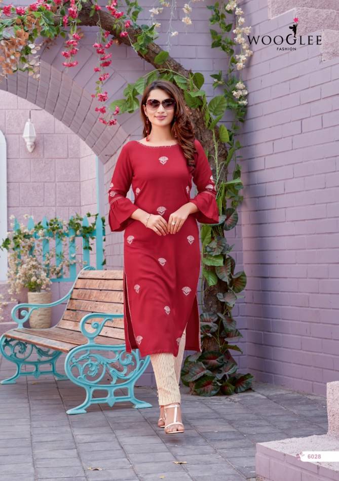 Wooglee Kesar 3 Staright Embroidery Work Party Wear Cotton Kurti With Bottom Collection
