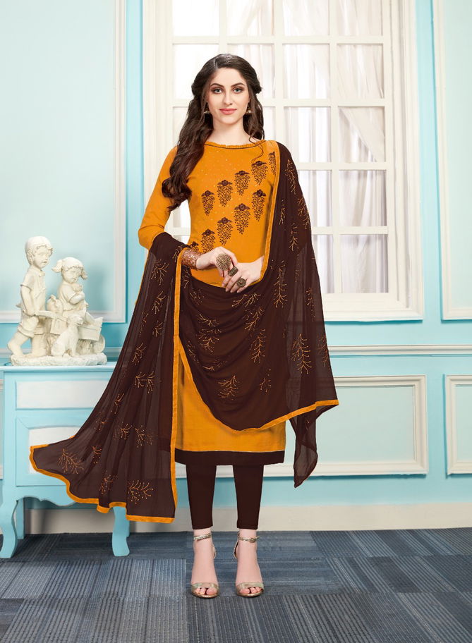 Gold 2 Latest Latest Fancy Casual Wear Bombay Slub Cotton With Embroidery Work Churidar Dress Material Collection
