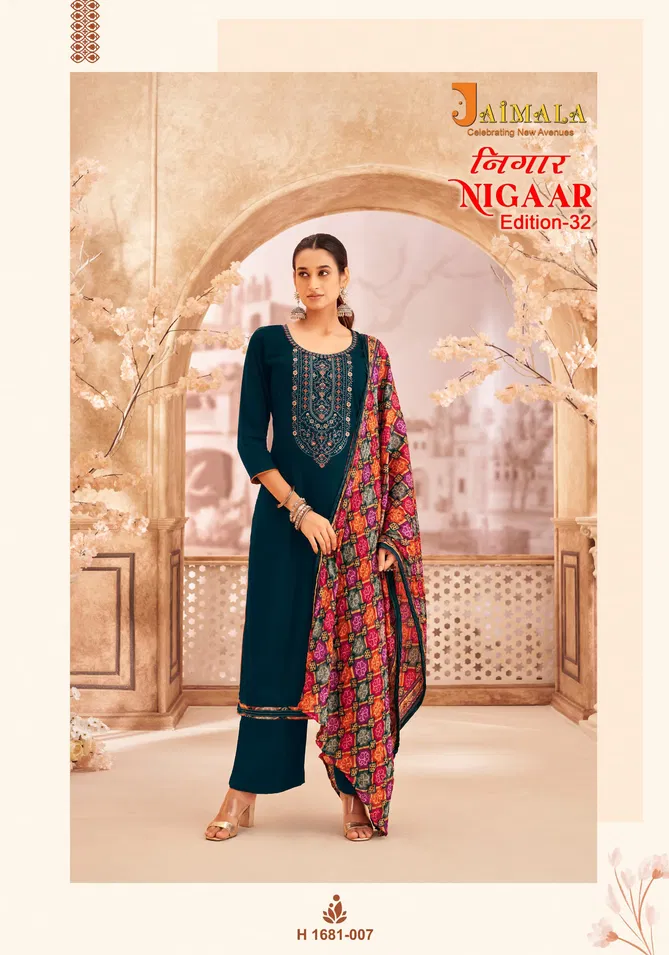 Nigaar 32 By Alok Suit Rayon Slub Embroidery Dress Material Orders In India