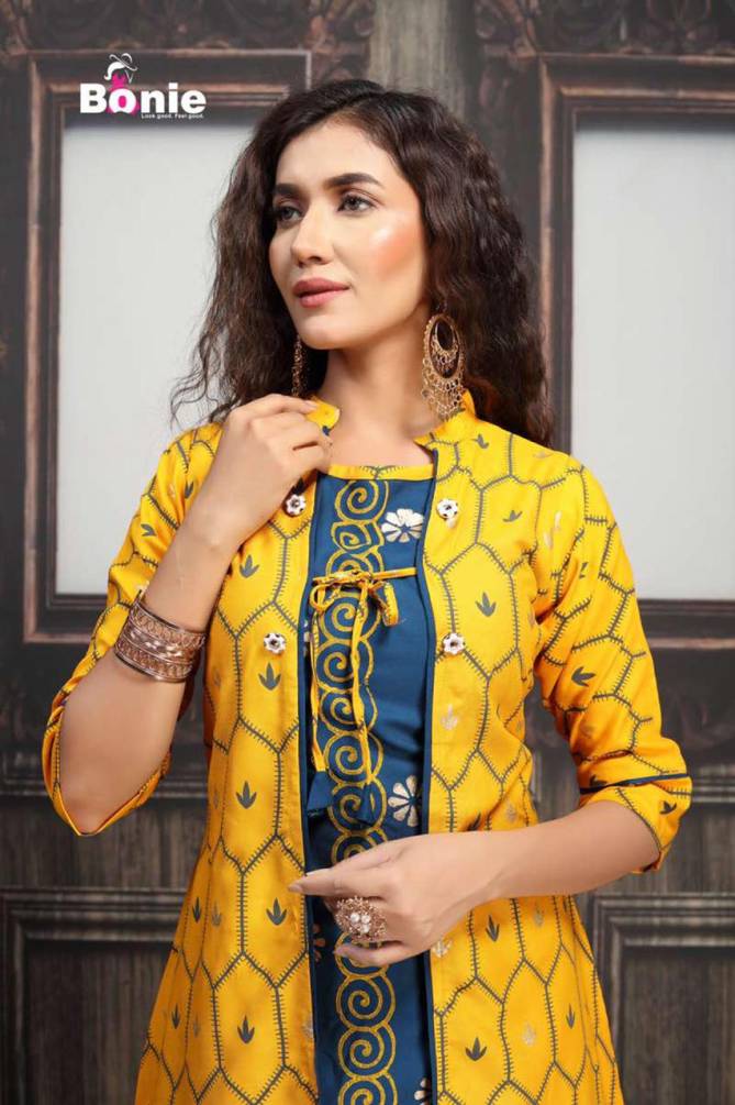 Bonie Jacket House Fancy Party Wear Jacket With Skirt rayon Printed Kurtis Collection
