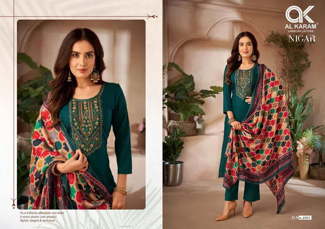 Al Karam Nigar Vol 4 Rayon Slub Embroidered Dress Material Orders In India