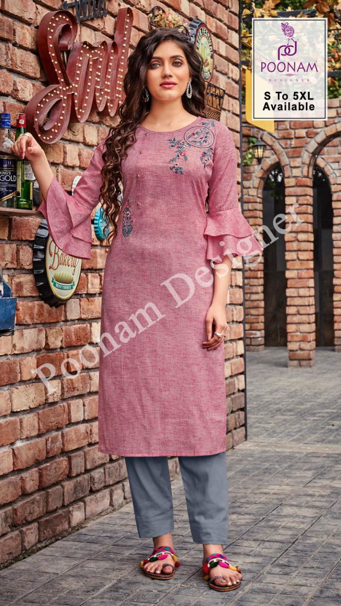 Poonam Riva 5 Premium Fancy Casual Wear Cotton Embroidery Work Designer Kurtis Collection
