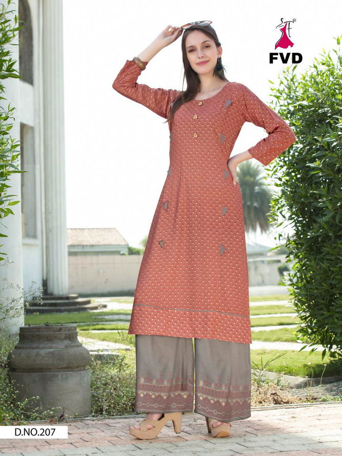 FVD Gold Vol-3 Latest Designer Fancy Heavy Ethnic Wear Poli Rayon Foil Print Kurtis With Bottom Collection