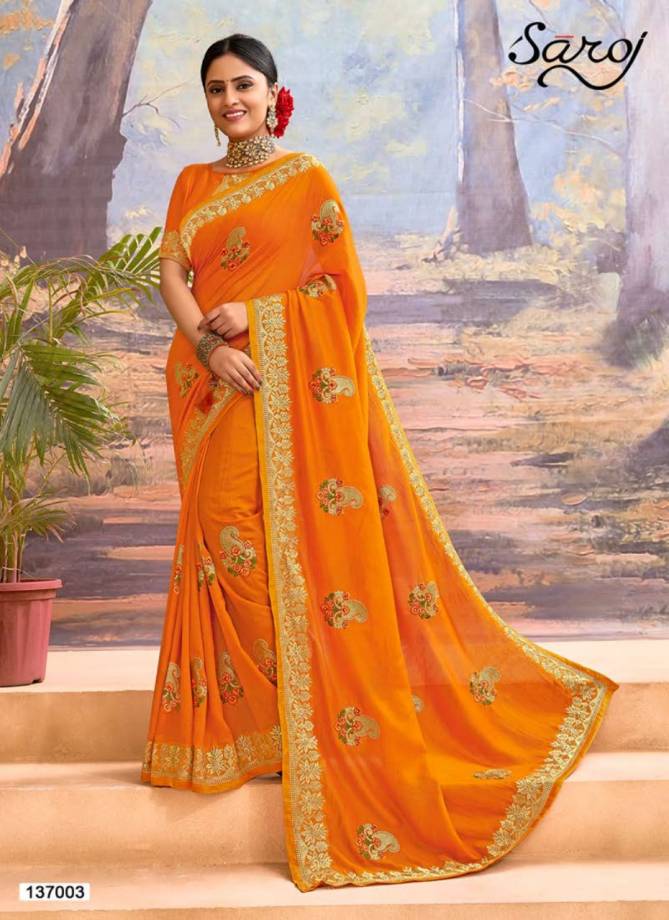 SAROJ KANGANA Fancy Festive Wear Heavy Designer Vichitra Silk With Embroidery Work On Border And Butta Saree Collection