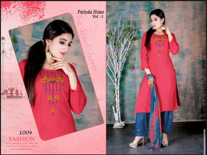 Ft Patiyala House 5 Latest Designer Fancy Festive Wear Rayon Printed Readymade Salwar Suit Collection
