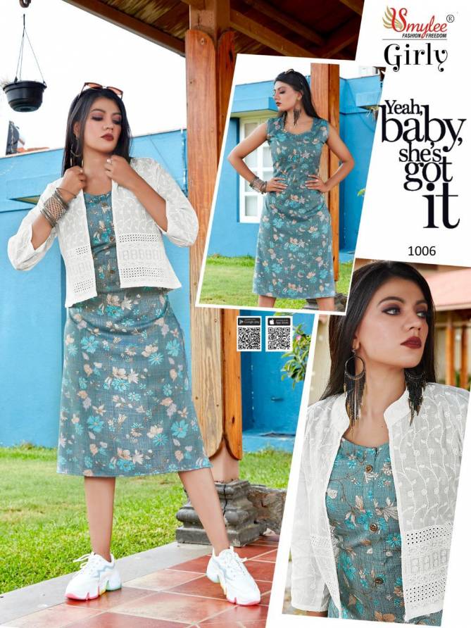Smylee Girly Heavy Rayon Foil Printed Party Wear Kurti With Jacket Collection
