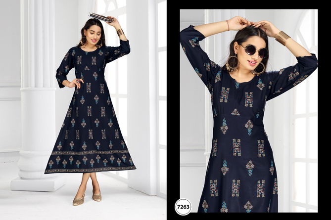 Ft Jaya Rayon Latest Fancy Designer Casual Ethnic Wear Gold Printed Long Kurtis Collection
