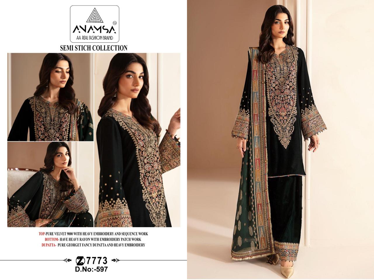 Anamsa 597 Velvet Embroidery Pakistani Suit Wholesale Price In Surat