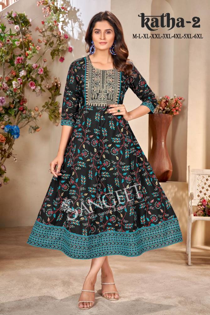 Katha 2 By Sangeet Rayon Printed Embroidery Plus Size Long Kurtis Wholesalers In Delhi