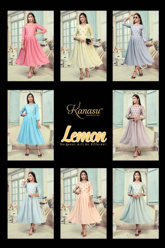 Kanasu Lemon Heavy Rayon Ethnic Wear Anarkali Long Designer Kurtis Collection
