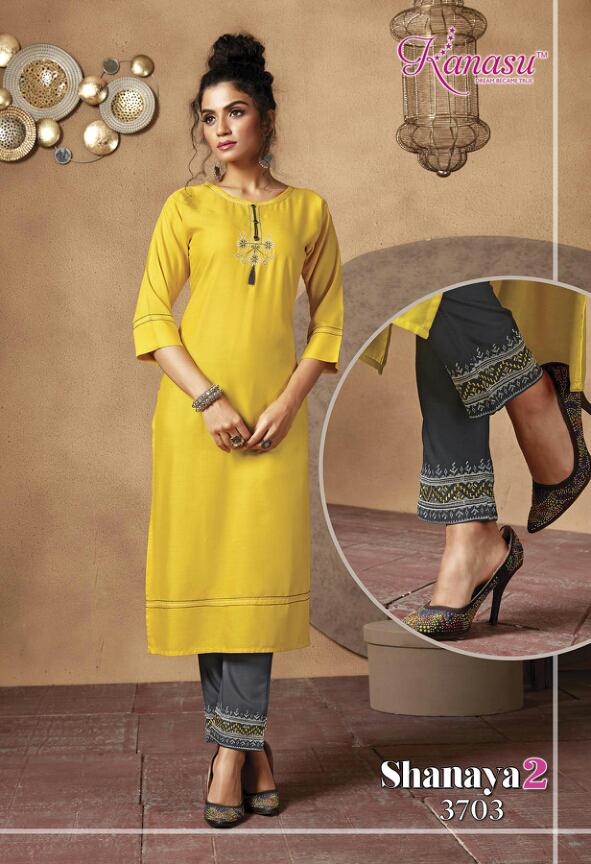 Kanasu Shanaya 2 Latest Fancy Heavy Ethnic Wear Rayon Fancy Printed Kurtis With Bottom Collection
