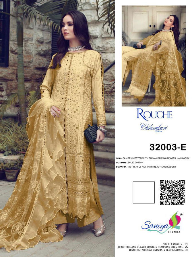 Saniya Rouche 32003 Series Designer Festive Wear Cambric Cotton Chikankari And Hand Work Top With Net Dupatta Pakistani Salwar Suits Collection
