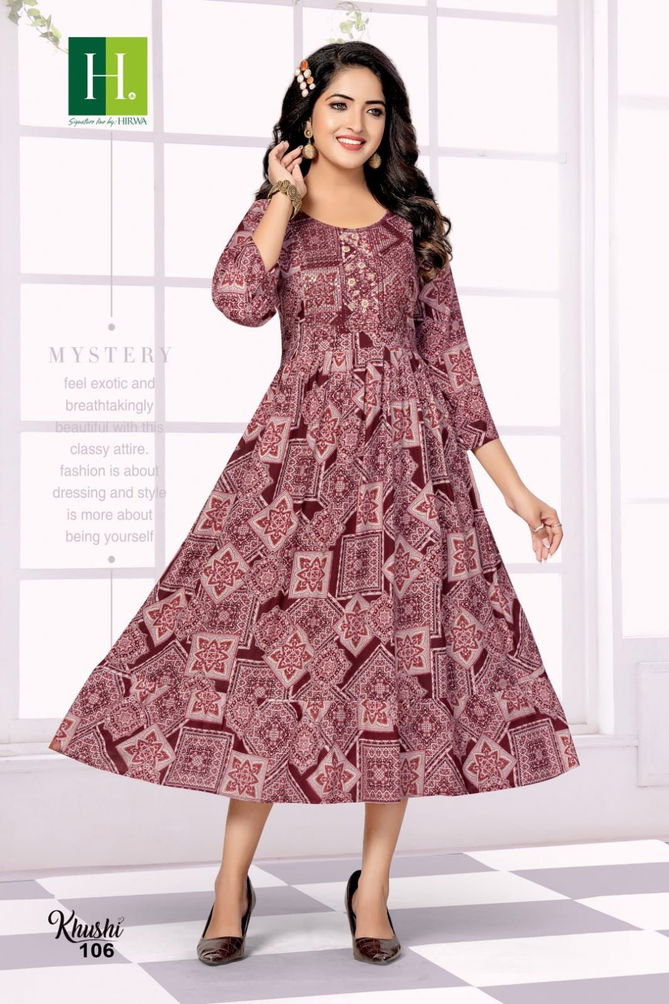 Hirwa Khushi Rayon Foil Printed Designer Kurtis Catalog
