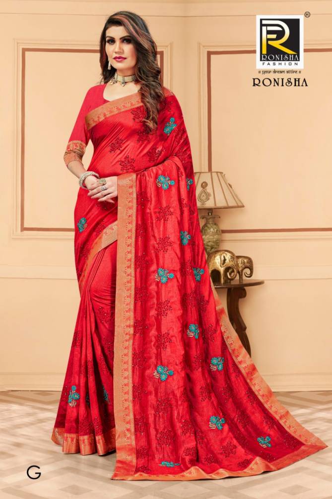 Ronisha Media Latest Fancy Designer Festive Wear Vichitra Silk Embroidery Worked Designer Saree Collection
