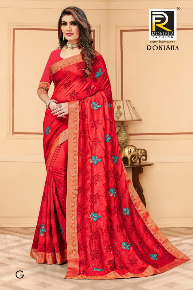 Ronisha Media Latest Fancy Designer Festive Wear Vichitra Silk Embroidery Worked Designer Saree Collection
