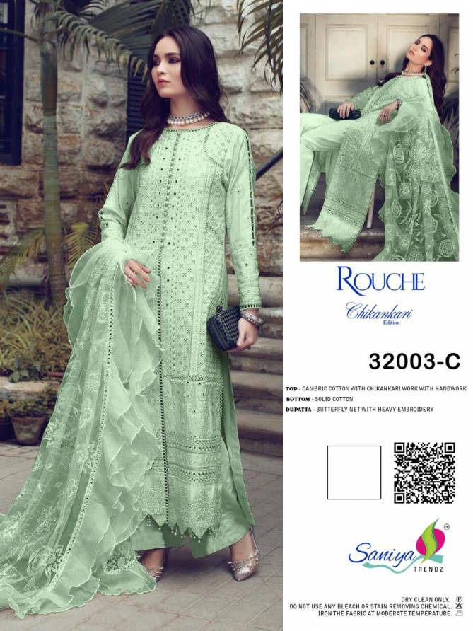 Saniya Rouche 32003 Series Designer Festive Wear Cambric Cotton Chikankari And Hand Work Top With Net Dupatta Pakistani Salwar Suits Collection
