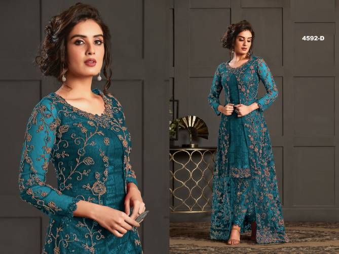Super Hit 4592 Colors Wedding Wear Heavy Butterfly Net with Embroidery and Codding With Glitter Sequences Top Koti With Full Work Bottom Salwar Suits Collection